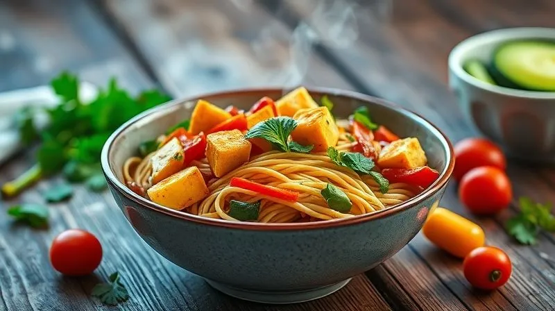 Photorealistic, professional photography, 8K, cinematic lighting, sharp focus, depth of field, shot on a high-end DSLR. A vibrant and healthy bowl of vegan stir-fry with perfectly separated gluten-free rice noodles, colorful vegetables, and golden tofu. The bowl is placed on a rustic wooden table with fresh ingredients scattered around, suggesting a healthy and delicious meal. Steam gently rises from the dish, emphasizing its freshness. The noodles are clearly distinct and not clumpy.