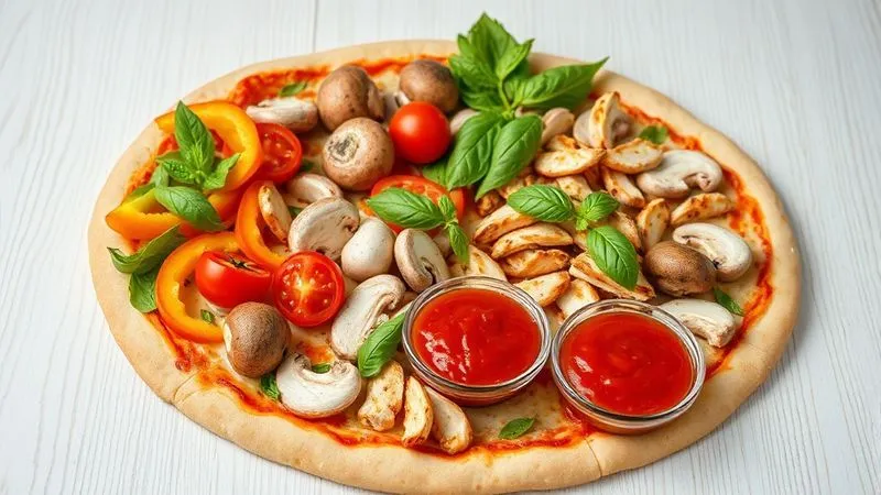Photorealistic, professional photography, 8K, cinematic lighting, sharp focus, depth of field, shot on a high-end DSLR. A vibrant, colorful array of fresh, low-calorie pizza toppings laid out artfully on a light wooden background. Ingredients include sliced bell peppers, mushrooms, cherry tomatoes, fresh basil leaves, lean grilled chicken strips, and a small bowl of homemade tomato sauce. The composition is clean, bright, and visually appealing, emphasizing healthy choices and fresh flavors.