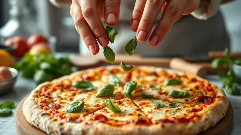 Photorealistic, professional photography, 8K, cinematic lighting, sharp focus, depth of field, shot on a high-end DSLR. A close-up of a chef's hands, gently scattering fresh basil leaves over a perfectly baked, golden-crusted low-calorie gluten-free pizza. The background is softly blurred, showing other fresh ingredients and kitchen tools, emphasizing the act of culinary creation and the joy of finishing a delicious, healthy meal. The lighting is warm and inviting.