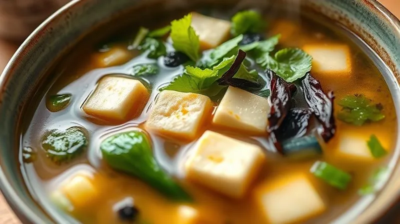 A close-up, photorealistic, professional photography shot of a steaming bowl of vibrant, low-calorie miso soup, rich with fresh green vegetables, firm tofu cubes, and delicate wakame seaweed. The soup radiates warmth and satisfaction. Cinematic lighting highlights the texture of the ingredients, with sharp focus on the bowl and a gentle depth of field blurring a minimalist, healthy kitchen background. 8K hyper-detailed, shot on a high-end DSLR, evoking a feeling of wholesome nourishment and contentment.
