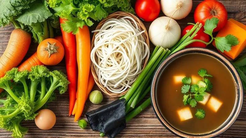 Photorealistic, professional photography shot of a variety of fresh, vibrant vegetables and dried wakame seaweed arranged artfully beside a bowl of miso soup ingredients, showcasing healthy, fiber-rich options. Cinematic lighting, sharp focus on the ingredients, 8K hyper-detailed, shot on a high-end DSLR, conveying freshness and natural goodness.