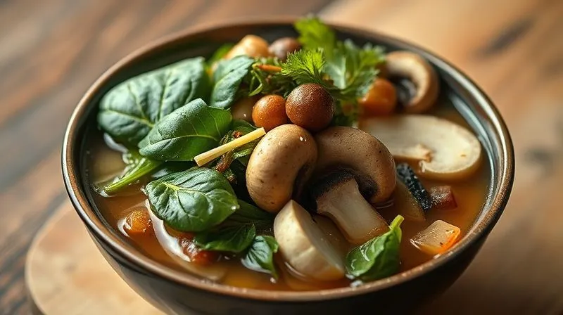 A photorealistic, professional photography shot of a vibrant, low-calorie miso soup overflowing with a generous amount of fresh vegetables like spinach, mushrooms, and wakame, showcasing high volume without high calories. Cinematic lighting, sharp focus on the overflowing ingredients, 8K hyper-detailed, shot on a high-end DSLR, conveying abundance and healthy eating.