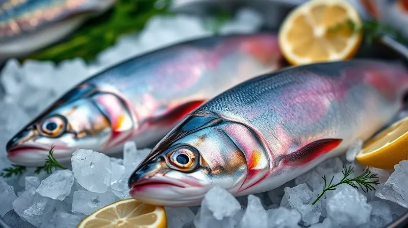 A close-up, photorealistic, professional photography, 8K, cinematic lighting, sharp focus, depth of field, shot on a high-end DSLR, of two fresh, glistening trout fillets lying on a bed of crushed ice, with a few slices of lemon and sprigs of fresh dill scattered around. The fish skin is vibrant and metallic, and the flesh looks firm and translucent. The background is a softly blurred, cool-toned fish market stall, emphasizing freshness.
