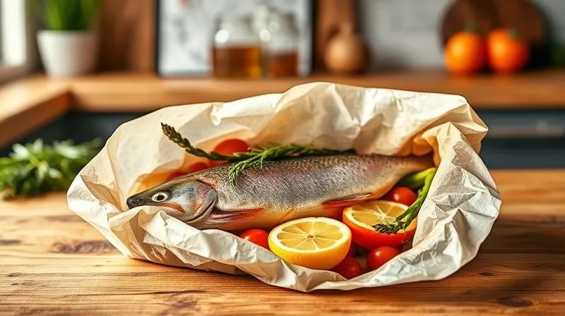 A photorealistic, professional photography, 8K, cinematic lighting, sharp focus, depth of field, shot on a high-end DSLR, of a perfectly baked trout fillet peeking out from an opened parchment paper packet (en Papillote). Inside, the fish is glistening, surrounded by colorful, tender-crisp vegetables like asparagus, cherry tomatoes, and lemon slices. Steam gently rises, and the scene exudes freshness and health. The background is a clean, rustic wooden table in a well-lit kitchen.