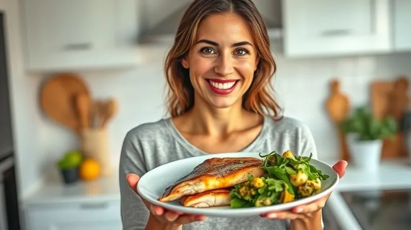 A photorealistic, professional photography, 8K, cinematic lighting, sharp focus, depth of field, shot on a high-end DSLR, of a smiling woman in her kitchen, holding a plate with a beautifully prepared, vibrant trout fillet meal. She looks genuinely happy and satisfied, with the meal appearing fresh, colorful, and delicious. The kitchen background is bright and modern, suggesting a healthy lifestyle.
