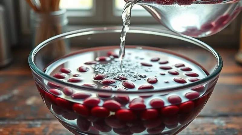 Photorealistic, professional photography, 8K, cinematic lighting, sharp focus, depth of field, shot on a high-end DSLR. Close-up of red kidney beans soaking in a clear glass bowl filled with water, with some bubbles, on a rustic kitchen counter. The water is being changed from a fresh pitcher. Natural light from a window illuminates the scene, highlighting the texture of the beans.