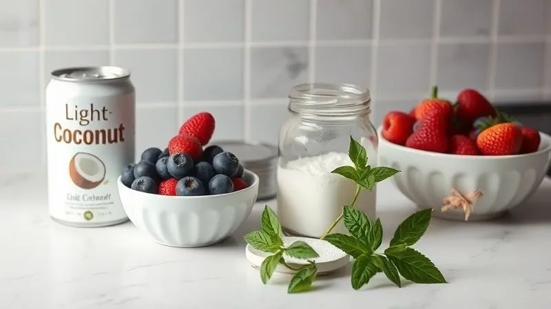 photorealistic, professional photography, 8K, cinematic lighting, sharp focus, depth of field, shot on a high-end DSLR. A clean, minimalist kitchen counter with an array of fresh, healthy ingredients for a vegan coconut dessert: a can of light coconut milk, a bowl of fresh berries, a jar of erythritol, a small bag of agar-agar powder, and a few sprigs of mint. The items are neatly arranged, creating a sense of order and healthy preparation.