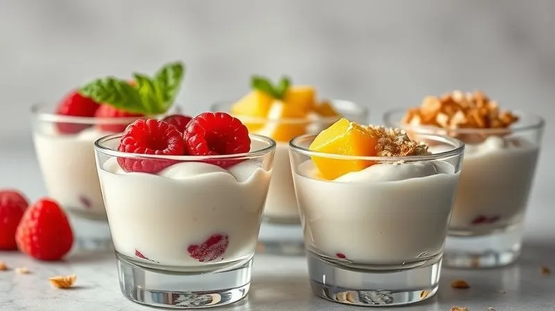 photorealistic, professional photography, 8K, cinematic lighting, sharp focus, depth of field, shot on a high-end DSLR. A variety of small, elegant glass dessert cups filled with different variations of vegan coconut dessert. One is topped with vibrant red raspberries and mint, another with golden mango cubes, and a third with toasted coconut flakes and a sprinkle of cinnamon. The focus is on the diverse toppings and inviting textures, with soft, diffused lighting.