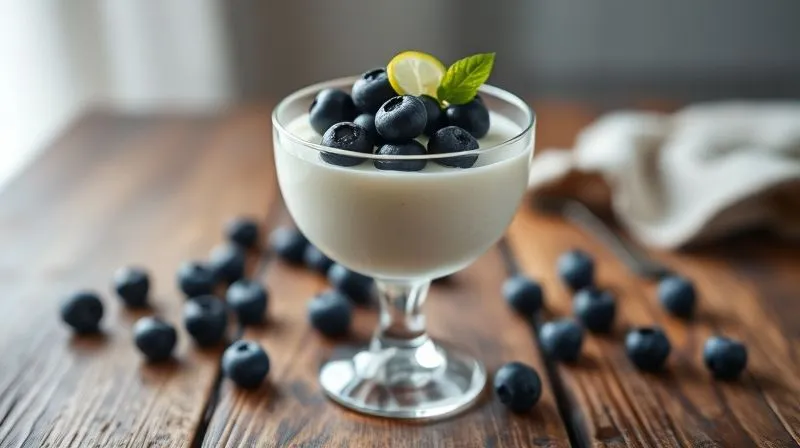 photorealistic, professional photography, 8K, cinematic lighting, sharp focus, depth of field, shot on a high-end DSLR. A perfectly portioned vegan coconut mousse served in an elegant glass, garnished with a handful of fresh blueberries and a delicate spiral of lime zest. The dessert is placed on a rustic wooden table with a soft, out-of-focus background, suggesting a cozy, healthy breakfast or dessert setting. The lighting emphasizes the dessert's smooth texture and freshness.