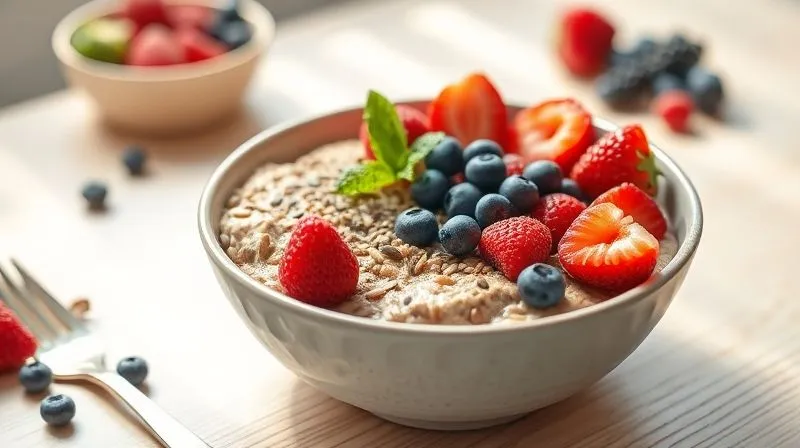 Photorealistic, professional photography of a vibrant, low-fat millet breakfast bowl, topped with colorful fresh berries, a sprinkle of chia seeds, and a hint of mint. The bowl is set on a light wooden table with soft, natural morning light, sharp focus on the toppings, depth of field blurring the background, 8K, shot on a high-end DSLR.