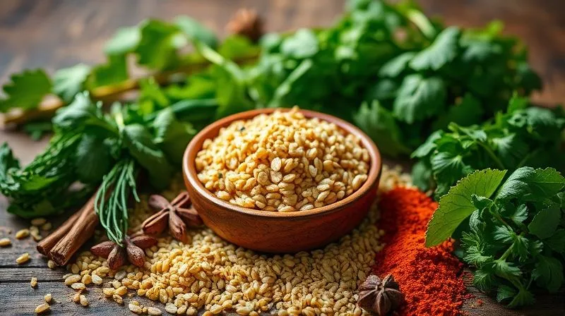 Photorealistic, professional photography of a variety of fresh herbs and colorful spices arranged artfully around a small bowl of cooked millet, emphasizing aroma and flavor. Cinematic lighting, sharp focus on the spices, depth of field blurring the background, 8K, shot on a high-end DSLR.