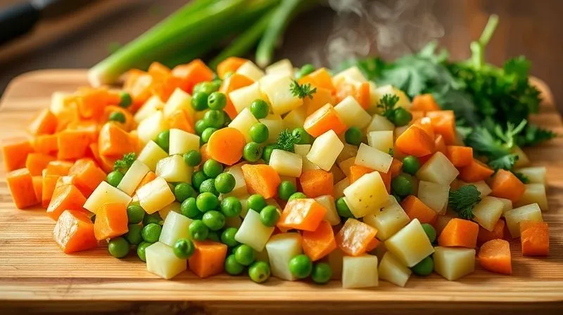 photorealistic, professional photography, 8K, cinematic lighting, sharp focus, depth of field, shot on a high-end DSLR, a vibrant assortment of freshly steamed and perfectly diced vegetables (carrots, potatoes, peas, parsley root, celery) arranged neatly on a wooden cutting board, ready for a salad, with steam gently rising, emphasizing freshness and quality.