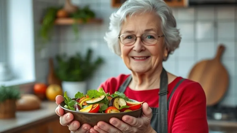 photorealistic, professional photography, 8K, cinematic lighting, sharp focus, depth of field, shot on a high-end DSLR, an older Polish woman with a warm smile, proudly presenting a beautifully crafted low-fat vegetable salad, her kitchen in the background, symbolizing the successful blend of tradition and healthy innovation.