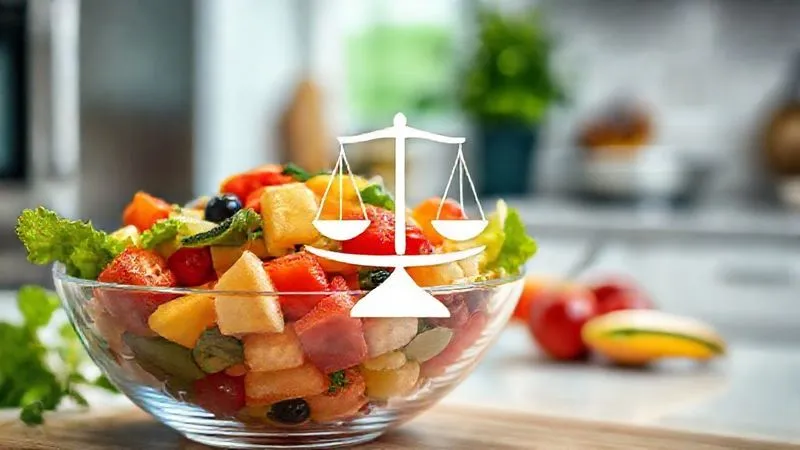 Photorealistic, professional photography, 8K, cinematic lighting, sharp focus, depth of field, shot on a high-end DSLR, a vibrant fruit salad in a clear glass bowl, with a small, stylized graphic of a balanced scale overlaid, symbolizing macronutrient balance. The background is a clean, modern kitchen, with a feeling of health and scientific precision.