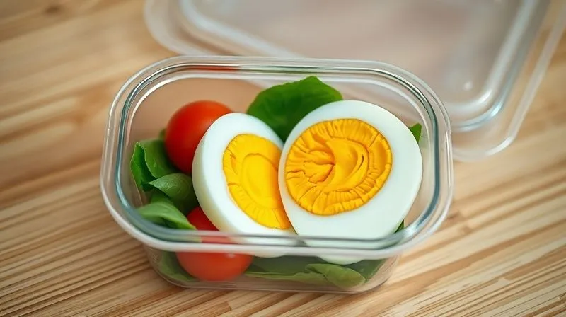 A photorealistic, professional photography shot of a perfectly peeled hard-boiled egg cut in half, revealing a vibrant yellow yolk, arranged neatly in a modern, transparent lunch container with fresh spinach leaves and cherry tomatoes, ready for a healthy office meal. The container is placed on a minimalist wooden desk. Cinematic lighting, sharp focus on the food, depth of field blurring the background. 8K hyper-detailed, shot on a high-end DSLR.