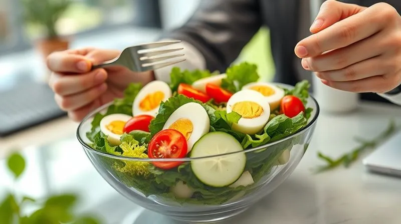 A photorealistic, professional photography shot of a vibrant, healthy salad bowl with sliced hard-boiled eggs, mixed greens, cherry tomatoes, cucumber, and a light vinaigrette, placed on a modern office desk. A person's hands are visible, holding a fork, about to enjoy the meal. The background shows a blurred office setting with natural light. Cinematic lighting, sharp focus on the salad, depth of field. 8K hyper-detailed, shot on a high-end DSLR.