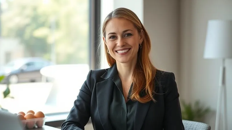 A photorealistic, professional photography shot of a confident, smiling woman in smart business casual attire, looking refreshed and energetic, standing at her modern office desk. A healthy snack, possibly a container with eggs and vegetables, is subtly visible on her desk. Natural light floods the scene. Cinematic lighting, sharp focus on the woman's face, depth of field blurring the background. 8K hyper-detailed, shot on a high-end DSLR, conveying a sense of well-being and productivity.