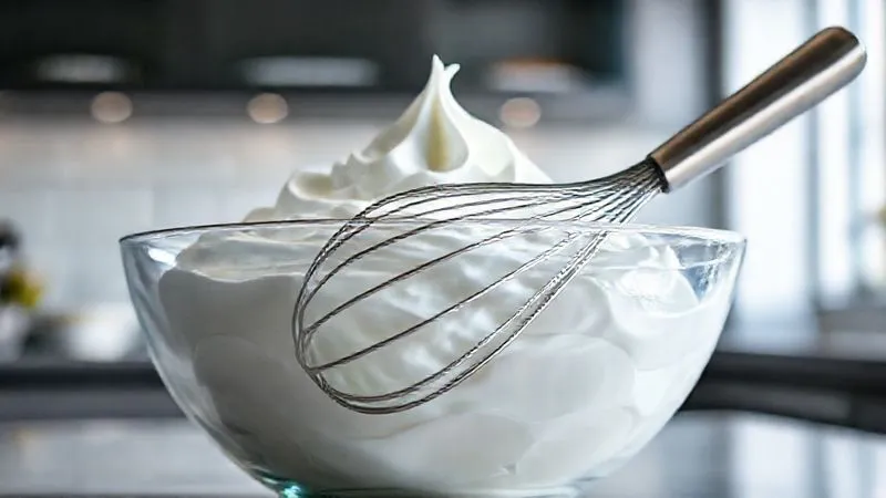 Photorealistic, professional photography, 8K, cinematic lighting, sharp focus on a glass bowl filled with perfectly whipped egg whites, showing soft, glossy peaks that gently fold over. A whisk is resting in the bowl, reflecting the light. The background is a clean, modern kitchen with depth of field, shot on a high-end DSLR.
