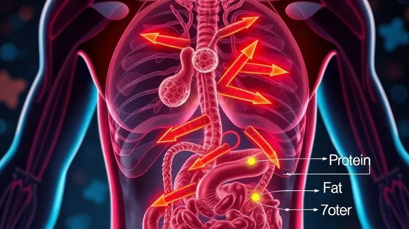 Photorealistic illustration of a human body's metabolic pathways, with arrows showing protein digestion requiring more energy (thermogenesis), and fat burning as a primary fuel source due to low carb intake. Dynamic, scientific, 8K, cinematic lighting, sharp focus.