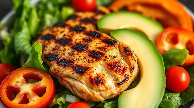 Photorealistic, professional photography, 8K, cinematic lighting, sharp focus on a vibrant, perfectly plated grilled chicken and avocado low-carb protein salad, with fresh greens, colorful bell peppers, and cherry tomatoes. The light should highlight the textures of the ingredients. Shot on a high-end DSLR.