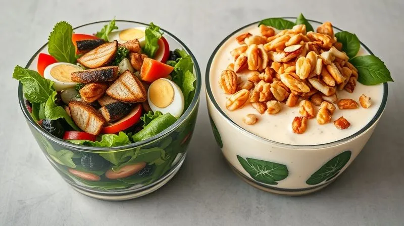 Photorealistic image of two salad bowls side-by-side. One bowl is overflowing with a vibrant, healthy low-carb protein salad with a light vinaigrette. The other bowl has a similar salad, but is drowned in a thick, creamy, high-calorie dressing, with croutons and candied nuts. Emphasize the visual difference in healthiness. Cinematic lighting, sharp focus, 8K, shot on a high-end DSLR.