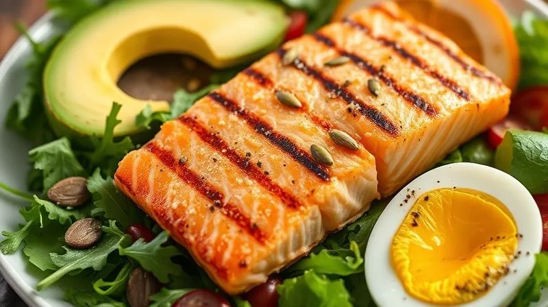 photorealistic, professional photography, 8K, cinematic lighting, sharp focus, depth of field, shot on a high-end DSLR, a vibrant, colorful plate filled with various low-carb salad ingredients: perfectly grilled salmon fillet, sliced avocado, hard-boiled eggs, a sprinkle of toasted pumpkin seeds, and a drizzle of olive oil, all arranged on a bed of fresh arugula, emphasizing healthy fats and proteins.