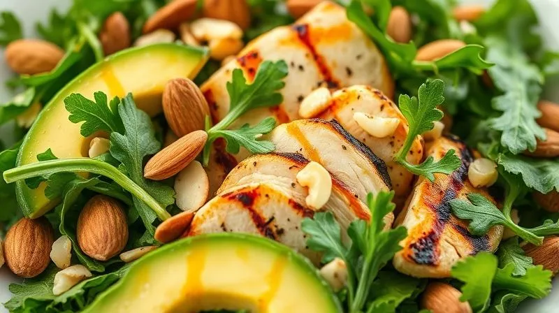 photorealistic, professional photography, 8K, cinematic lighting, sharp focus, depth of field, shot on a high-end DSLR, a close-up of a low-carb arugula salad showcasing a variety of textures: crunchy toasted almonds, creamy avocado slices, tender grilled chicken, and fresh, crisp arugula leaves, with a light dressing glistening, highlighting the visual appeal and textural richness.