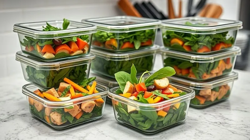 photorealistic, professional photography, 8K, cinematic lighting, sharp focus, depth of field, shot on a high-end DSLR, a neatly organized kitchen counter with several glass meal prep containers, each filled with a vibrant, low-carb arugula salad, featuring different protein sources and colorful vegetables, a separate small container for dressing, emphasizing efficiency and healthy planning.