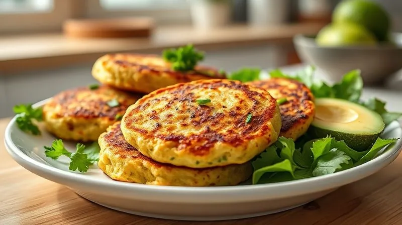 A professional photography shot of a perfectly plated dish of golden-brown low-carb egg patties, garnished with fresh herbs like parsley and chives, alongside a vibrant green salad with avocado. The setting is a bright, modern kitchen, with soft, natural cinematic lighting highlighting the texture and freshness of the food. Sharp focus on the patties, a gentle depth of field blurring the background. 8K hyper-detailed, shot on a high-end DSLR, emphasizing health, deliciousness, and a sense of accomplishment.