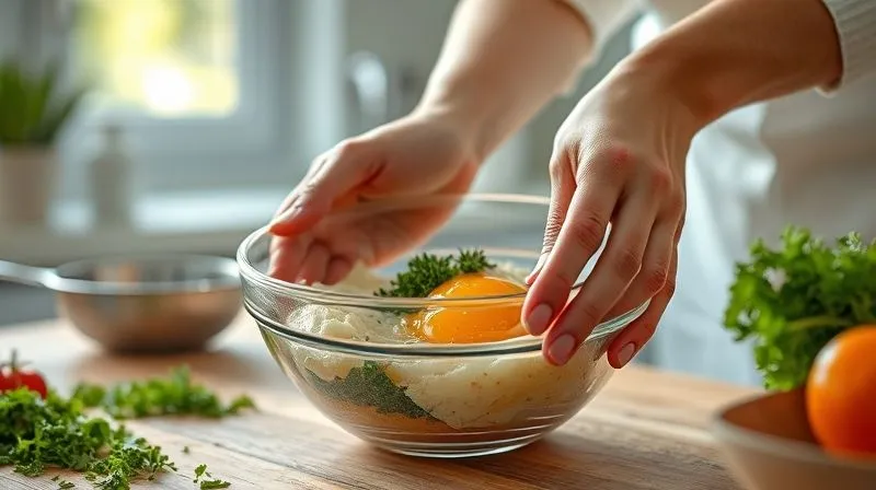A close-up, photorealistic image of hands in a modern, clean kitchen, gently mixing ingredients for egg patties in a glass bowl. The ingredients, including chopped herbs and colorful vegetables, are clearly visible. Cinematic lighting from a nearby window illuminates the scene, creating a soft, inviting atmosphere. Sharp focus on the hands and ingredients, with a subtle depth of field. 8K hyper-detailed, shot on a high-end DSLR, conveying a sense of fresh preparation and healthy cooking.