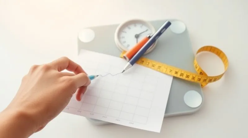 A photorealistic image of a person's hand using a pen to mark progress on a weight loss chart, with a digital scale and measuring tape visible in the background. The chart shows a downward trend. The setting is clean and minimalist, with soft, encouraging cinematic lighting. Sharp focus on the chart and hand, with a subtle depth of field. 8K hyper-detailed, shot on a high-end DSLR, conveying a sense of dedication, progress, and personal achievement.