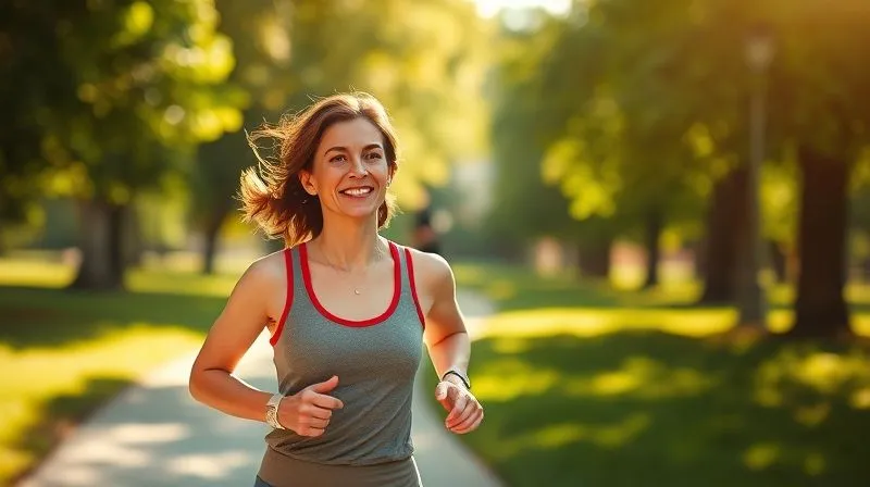 A cheerful, photorealistic image of a person enjoying an outdoor jog in a sun-drenched park, surrounded by lush greenery. The person is smiling, wearing comfortable athletic wear. The cinematic lighting creates a warm, inviting atmosphere. Sharp focus on the runner, with a gentle depth of field blurring the background. 8K hyper-detailed, shot on a high-end DSLR, conveying a sense of health, vitality, and joy in physical activity.