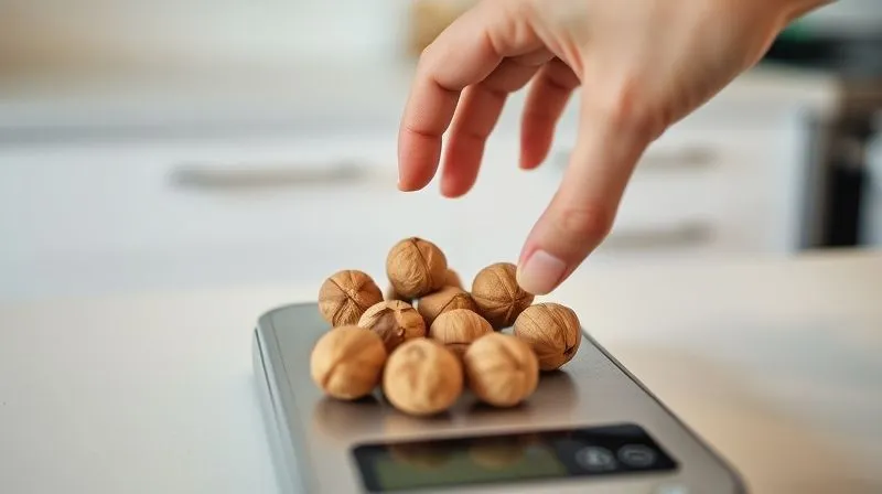 A close-up, photorealistic image of a small, perfectly measured portion of walnuts (approx. 28-30g) on a digital kitchen scale, with a human hand gently placing the last walnut. The background is a clean, minimalist kitchen counter. Professional photography, 8K, cinematic lighting, sharp focus on the walnuts and scale, depth of field blurring the background, shot on a high-end DSLR.