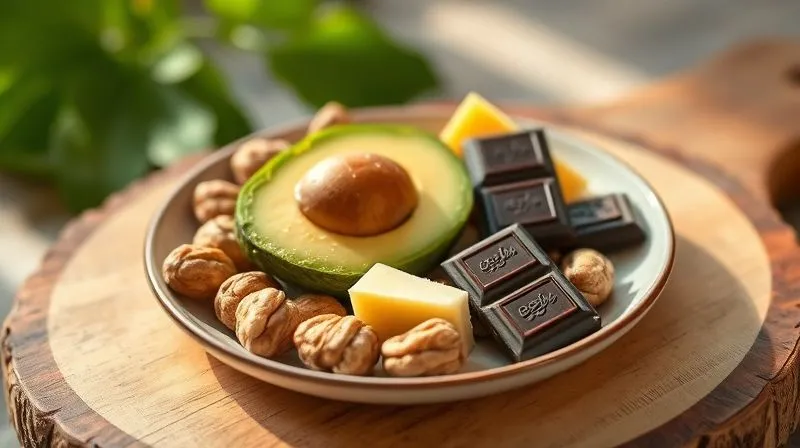 A vibrant, photorealistic image of a small, aesthetically pleasing low-carb snack plate. It features a few perfectly portioned walnuts, a slice of creamy avocado, a small piece of aged cheddar cheese, and two squares of dark chocolate (85%). Arranged on a rustic wooden board, with soft, natural light. Professional photography, 8K, cinematic lighting, sharp focus on the food, depth of field blurring the background, shot on a high-end DSLR.