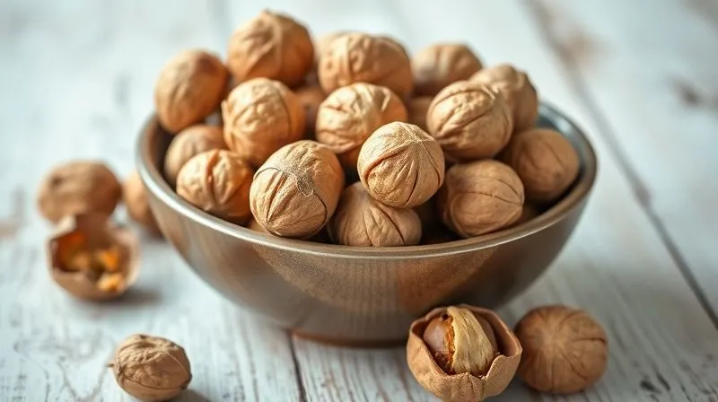 A close-up, photorealistic image of a bowl filled with fresh, vibrant, high-quality organic walnuts in their shells, alongside a few perfectly cracked open walnuts. The lighting is bright and natural, emphasizing their natural texture and rich color. On a clean, rustic wooden table. Professional photography, 8K, cinematic lighting, sharp focus, depth of field blurring the background, shot on a high-end DSLR.