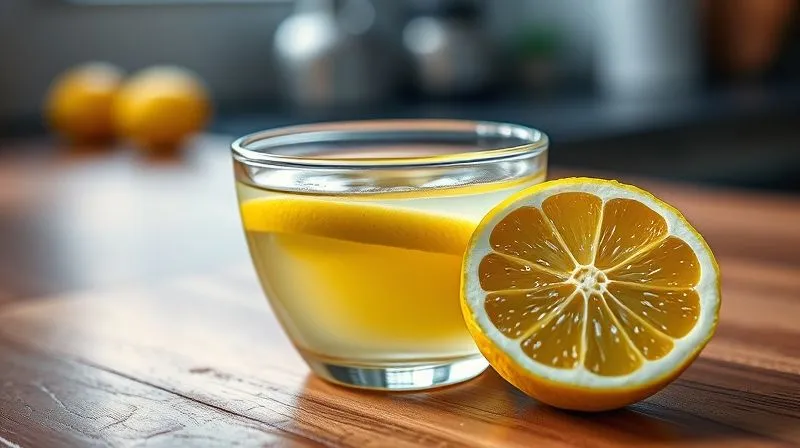 Photorealistic, professional photography, 8K, cinematic lighting, sharp focus, depth of field, shot on a high-end DSLR. A close-up of a small glass bowl filled with fresh lemon juice, with a lemon half next to it, on a wooden kitchen counter. The lighting is warm and natural, highlighting the texture of the lemon.
