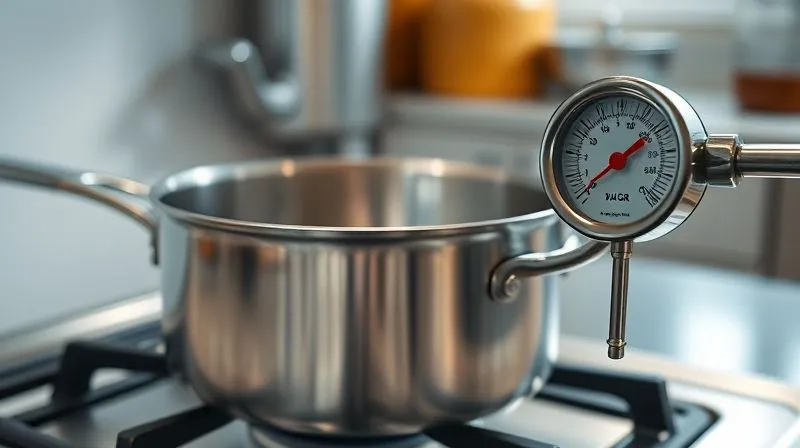 Photorealistic, professional photography, 8K, cinematic lighting, sharp focus, depth of field, shot on a high-end DSLR. A close-up of a clean, shiny stainless steel saucepan on a gas stove burner, with a professional sugar thermometer clipped to the side, showing boiling clear syrup. The background is a softly blurred modern kitchen, emphasizing cleanliness and precision.