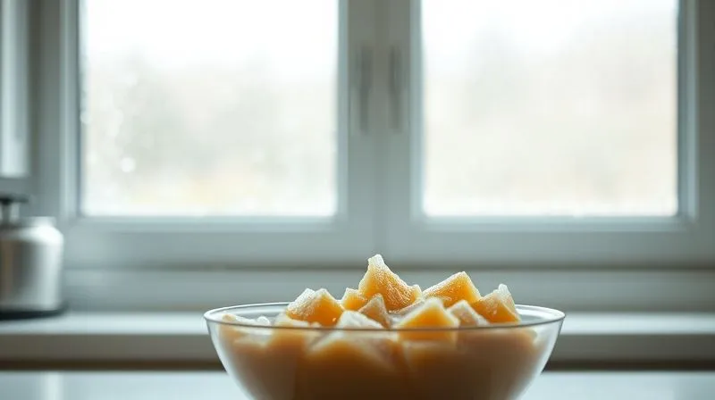 Photorealistic, professional photography, 8K, cinematic lighting, sharp focus, depth of field, shot on a high-end DSLR. A kitchen window with condensation running down the glass, implying high humidity. In the foreground, a slightly out-of-focus bowl of failed, crystallized nougat, conveying a sense of frustration and a problem caused by environmental factors.