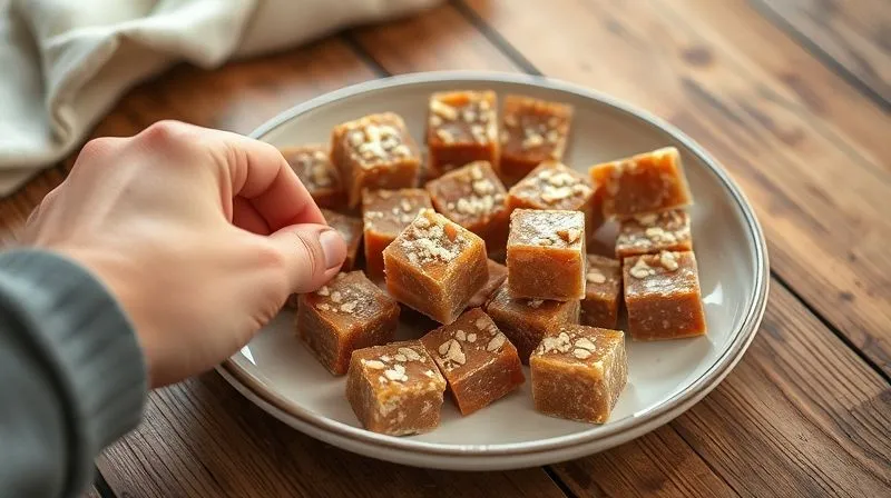 Photorealistic, professional photography, 8K, cinematic lighting, sharp focus, depth of field, shot on a high-end DSLR. A beautifully arranged plate of homemade sugar-free nougat pieces on a rustic wooden table, with a soft, natural light illuminating them. A satisfied person's hand reaches for a piece, conveying healthy enjoyment and accomplishment.