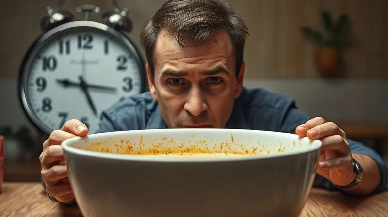 A slightly frustrated person looking into an almost empty, large soup bowl, feeling unsatisfied and still hungry, with a clock in the background showing little time has passed since eating. Photorealistic, professional photography, 8K, cinematic lighting, sharp focus, depth of field, shot on a high-end DSLR.