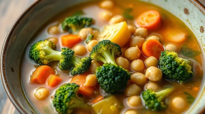 A vibrant bowl of vegetable soup, clearly showing chunky, fiber-rich vegetables like broccoli florets, carrots, and chickpeas, with a sense of wholesome nutrition and inviting texture. Photorealistic, professional photography, 8K, cinematic lighting, sharp focus, depth of field, shot on a high-end DSLR.
