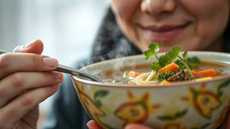 A close-up shot of a person mindfully enjoying a bowl of steaming vegetable soup, with a gentle, contented smile and focused gaze, emphasizing peace, satisfaction, and the sensory experience of eating. The background is softly blurred. Photorealistic, professional photography, 8K, cinematic lighting, sharp focus, depth of field, shot on a high-end DSLR.