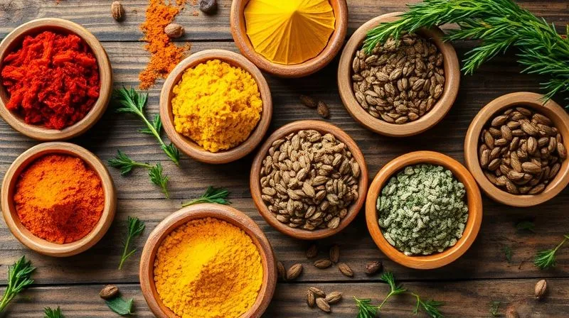 A close-up, top-down shot of various vibrant, colorful spices in small wooden bowls on a rustic wooden table, with fresh green herbs scattered around. The spices include red paprika, yellow turmeric, brown cumin seeds, and green dried oregano. The lighting is warm and inviting, emphasizing the textures and colors of the spices. Photorealistic, professional photography, 8K, cinematic lighting, sharp focus, depth of field, shot on a high-end DSLR.