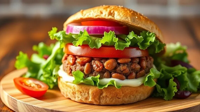 A beautifully plated, professional photograph of a vibrant, healthy vegetarian red bean burger on a whole wheat bun, topped with fresh lettuce, tomato, red onion, and a light creamy sauce. The burger is perfectly golden and slightly crispy, with a side of colorful mixed green salad. The image is bright, inviting, and emphasizes freshness and health. Photorealistic, professional photography, 8K, cinematic lighting, sharp focus, depth of field, shot on a high-end DSLR.