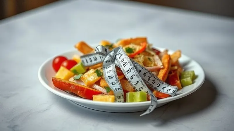 A metaphorical image representing common diet mistakes: a visually appealing but overloaded plate with a measuring tape loosely tied around it, symbolizing hidden calories and uncontrolled portions. The lighting is slightly dramatic, highlighting the challenge. Photorealistic, professional photography, 8K, cinematic lighting, sharp focus, depth of field, shot on a high-end DSLR.