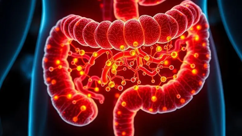 Photorealistic close-up of a vibrant, healthy gut microbiome represented by glowing, interconnected microorganisms within a human digestive tract, professional photography, 8K, cinematic lighting, sharp focus, depth of field.