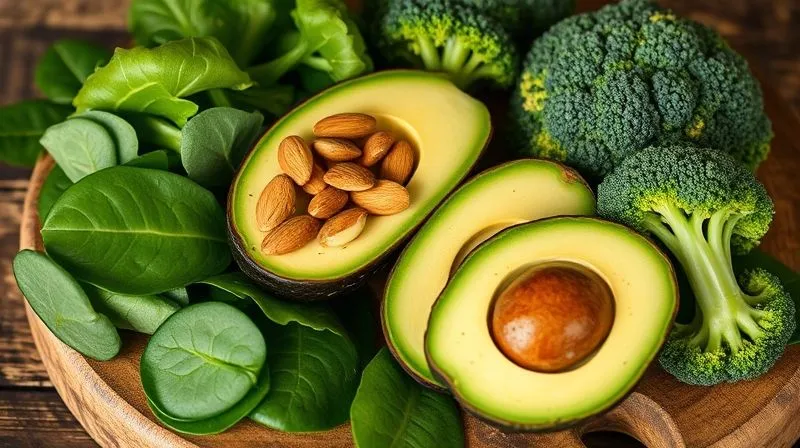 Photorealistic, professional photography, 8K, cinematic lighting, sharp focus, depth of field, shot on a high-end DSLR. A balanced composition of various fresh, low-carb vegetables rich in electrolytes: sliced avocado, vibrant green spinach leaves, broccoli florets, and a small bowl of almonds, arranged aesthetically on a rustic wooden table. The scene should convey health, natural nutrition, and balance.