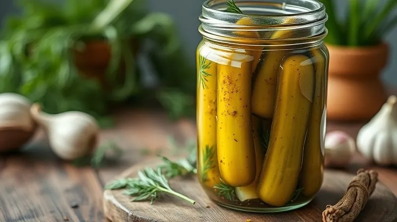 Photorealistic, professional photography, 8K, cinematic lighting, sharp focus, depth of field, shot on a high-end DSLR. A close-up of beautifully arranged, freshly made homemade pickles in a glass jar, with visible dill, garlic, and spices. The jar is on a rustic wooden table, bathed in soft, natural light, emphasizing the freshness and natural process.