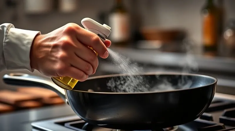 A photorealistic image of a chef's hand using a precise oil sprayer to lightly coat a non-stick pan, with steam gently rising from the pan, emphasizing minimal fat usage for cooking. The background is a clean, modern kitchen with cinematic lighting and sharp focus on the hand and pan. 8K, professional photography, depth of field, shot on a high-end DSLR.