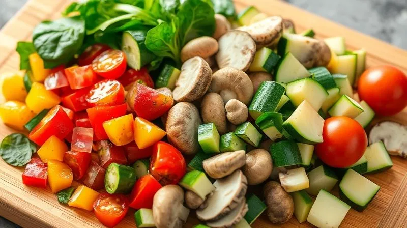 A photorealistic, vibrant close-up of a colorful medley of fresh, chopped vegetables (spinach, bell peppers, mushrooms, zucchini, cherry tomatoes) neatly arranged on a wooden cutting board, ready for an omelet. The lighting is bright and natural, highlighting the textures and freshness. 8K, professional photography, sharp focus, depth of field, shot on a high-end DSLR.